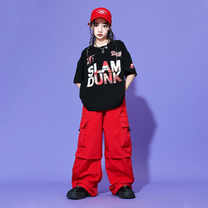 Traje de <span class=keywords><strong>Baile</strong></span> Hip Hop para Niños, Camiseta Negra con Estampado Slam Dunk, Pantalones Cargo Rojos Holgados, Ropa para Actuaciones en Escenario - Product Image 4