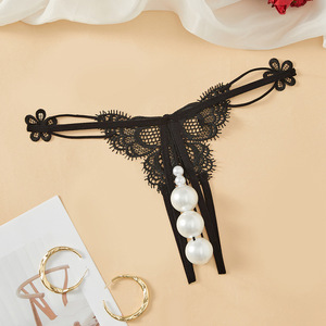 กางเกงในผู้หญิงไซส์ใหญ่แบบ Thong สีดำ แต่งลูกไม้ประดับมุก ดีไซน์เป้าเปิด ผ้าตาข่าย - Product Image 1