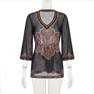 Camiseta de manga media con cuello en V, diseño étnico, espalda con lazo, estilo vintage con lentejuelas, para mujer, estilo europeo. - Product Image 6