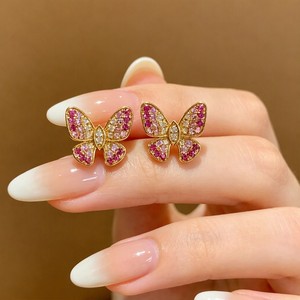 Xinfly Solid 18K Gold Natural Pink Sapphire Diamond Butterfly Stud <b>Earrings</b> Graduated Gemstone Outline AU750 Niche Gift Factory - Product Image 3