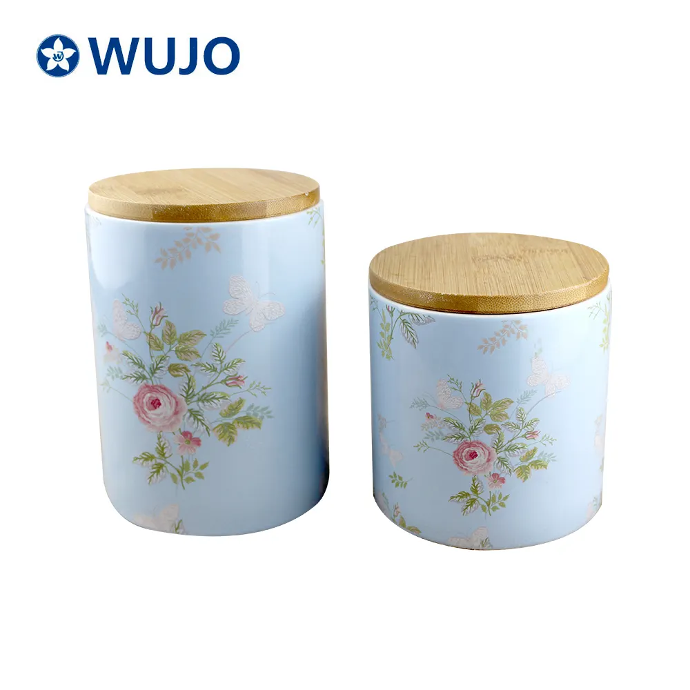 WUJO 16oz 25oz 음식 콘테이너 대나무 뚜껑을 가진 파란 음식 단지 세라믹 부엌 양철통