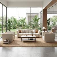 Ensemble de canapés de bureau côtelés crème, mobilier de salon chic pour espaces ouverts avec design vue sur verdure naturelle fraîche