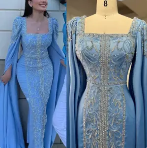 Blue Arabic Beaded 2023 Women Wedding Party Gowns Muslim Elegant Mermaid Cape Sleeves Evening Dresses