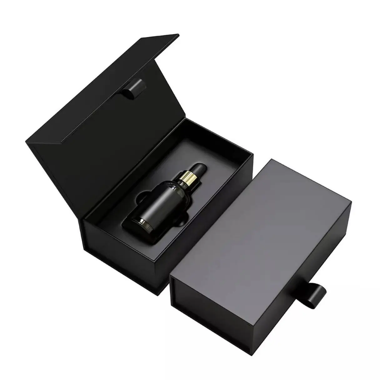 Custom Logo di lusso nero opaca pellicola rigida scatola regalo bottiglia di profumo scatola di imballaggio di carta con inserto EVA