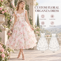 Robe midi personnalisée pour femme en organza à imprimé floral, avec bretelles à nœud, col incurvé, jupe superposée froncée, coupe trapèze, pour occasions spéciales