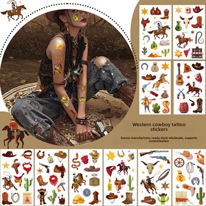 Nouvel autocollant de tatouage imperméable pour enfants, motif cowboy western imprimé par transfert d'eau, personnalisable, dessin animé mignon et amusant - Product Image 1