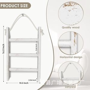 Wooden Blanket Ladder <b>Storage</b> Rack 3 Tier White <b>Wall</b> Mounted Towel Holder Country Style Bathroom Organizer - Product Image 4