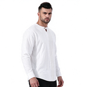 Customized <b>Men's</b> Linen Casual Long Sleeve Pleated Front T-<b>Shirt</b> Button <b>Henley</b> Collared Loose Pullover T-<b>shirt</b> - Product Image 2
