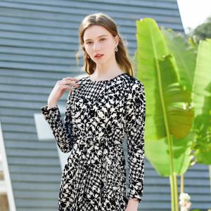 Vintage Damen deutschen Stil Polyester Strick Ponte Hahnen tritt bedruckt Langarm Midi-Arbeits kleid mit Rundhals ausschnitt