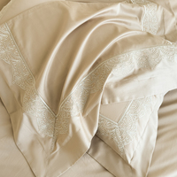 Ensemble de housse de couette en satin de coton 100% - 4 pièces - Broderie - Couleur champagne doré - Literie pour la maison et la chambre d'hôtes