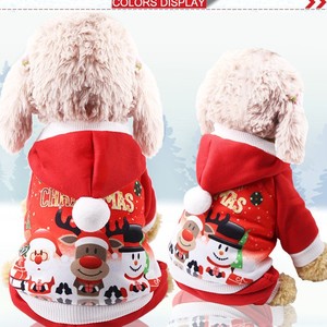 Christmas Hooded Fleece Sweatshirt <b>For</b> Dogs And <b>Cats</b> Winter Pet <b>Clothes</b> With Reindeer Snowman Print Red - Product Image 2