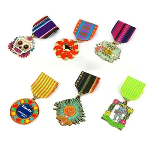 Unique Custom Metal Craft Hard Enamel Glitter Souvenir Carnival Fiesta Medal With Short Ribbon