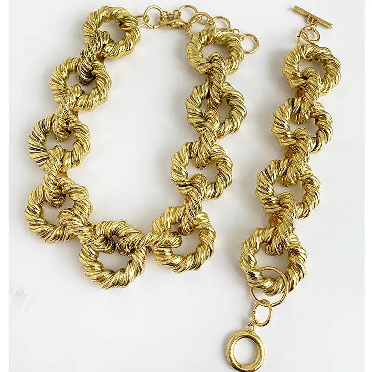 Za Fashion Chunky Statement Metal Gold Circle Twisted Necklace and Bracelets Fashion Jewelry Sets For Women