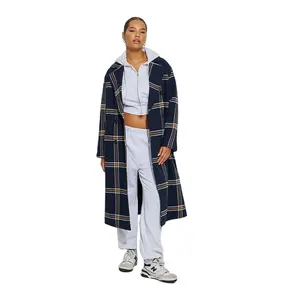 Maxi cappotto Plaid stile formale con bottoni e tasche sostenibile e tessuto tessuto monopetto tinto in filato