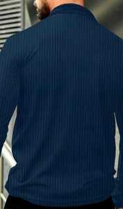 <b>Men's</b> Navy Blue V-neck Half Zip Knit Pullover Long Sleeve Solid Regular Fit Sweater Polyester/Cotton 220 Grams - Product Image 2