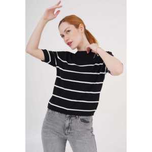 Blusa de Punto a Rayas de Manga Corta para Mujer al por Mayor, Color Negro - Product Image 4