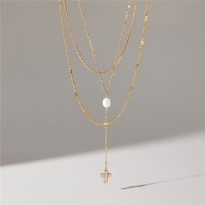 Collares de cadena en capas con dijes de perlas naturales y circonitas para mujer, collares apilados de acero inoxidable con cadena en Y para clavícula, joyería. - Product Image 6