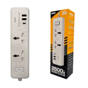 4203 kustom Logo Universal soket 2 AC outlet Strip daya dengan 2 USB dan 1 tipe-c PD QC3.0 pengisi daya Multi daya soket ekstensi