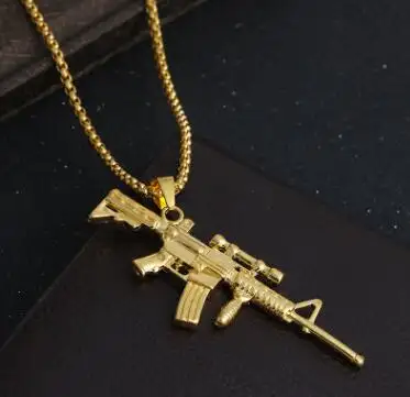 Karopel Kalung Rantai Hip Hop untuk Pria, Kalung Liontin Senapan AK, Sniper Emas Bling Es dengan Kotak Rolo Aberdeen, Perhiasan untuk Pria