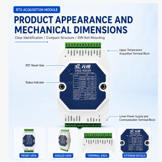 Good Feedback DAQ-4DC04 RTD Acquisition Module 30V 2A Load Dual Watchdog Protection Modbus RTU RS485 Industrial Long Life Module