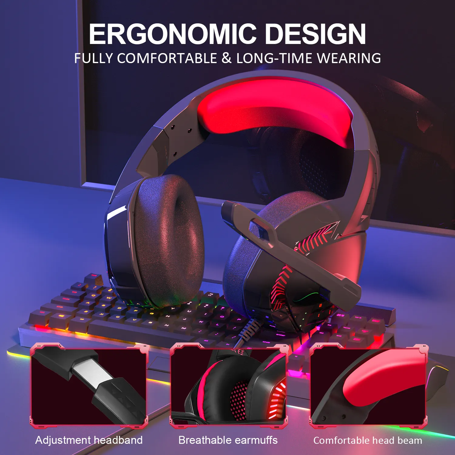Auriculares para juegos con sonido estéreo, auriculares H3 con cancelación de ruido, auriculares con micrófono sobre la oreja, luz LED, auriculares con cable, Color Rojo
