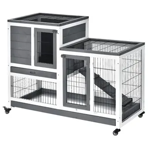 Pet Supplies Easy Assemble 2-Tier Fir Indoor Grey And White Bunny Cage Wood Rabbit Hutch With Four Wheels For Small Animals