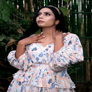 Bohemian Floral Print Crepe Floor-Length Peplum <b>Dress</b> With <b>Ruffles</b> Empire Waistline Sweetheart Neck Casual Style For Adult - Product Image 1