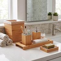 Ensemble de décoration de salle de bain 5 pièces en bambou avec poubelle, porte-savon, distributeur de savon, porte-brosse à dents et plateau