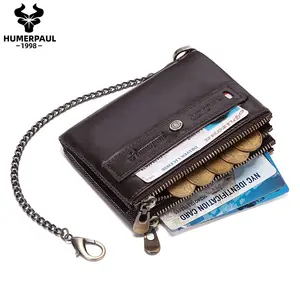 HUMERPAUL slim cow leather man wallets with Zipper rfid female Card Holder mens purse billfold key chain wallet men leather