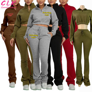 Custom Logo Casual Fall <strong>Women</strong> Jogger Two Piece Set Half Zipper Fleece Crop <strong>Jacket</strong> Flared Pants Tracksuit SweatSuits - Product Image 1