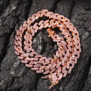Ladies Necklace Bracelet 8mm Hot Sale Rose Gold Plated Pink Cubic Zircon Cuban Chain
