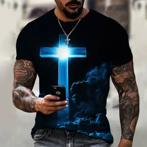 남자의 O-넥 티셔츠 하나님 종교 그리스도 예수 십자가 인쇄 여름 캐주얼 반팔 특대 티셔츠 패션 남성 Clotin