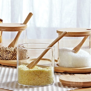 3er Pack Gewürz behälter mit Bambus deckel und Holz tablett Bambus löffel für Gewürz behälter Glas Gewürz glas <span class=keywords><strong>Set</strong></span> - Product Image 5