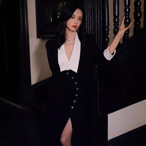 Cao cấp phong cách cổ điển dài ăn mặc màu đen trắng thoáng khí bông voan v-cổ logo trên trở lại mô hình rắn cho văn phòng đám cưới - Product Image 2