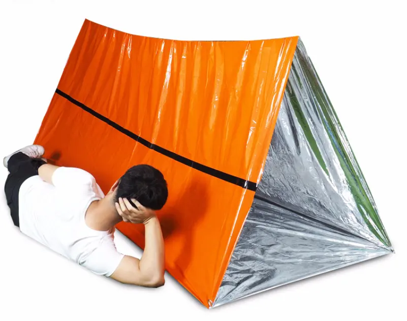 Özelleştirilmiş 150*240 PE turuncu çadır acil Survival barınak 2 kişi açık yürüyüş kamp için su geçirmez acil çadır