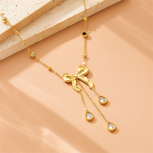 Bowknot Teardrop Tassel Pendant Necklace Gold Rhinestone Chain Jewelry Gift - Product Image 1