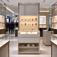 Vitrine d'exposition de montres avec cadre doré, éclairage LED, supports en acrylique, tiroirs et étagère ouverte, certifiée CE ETL, pour les boutiques de montres