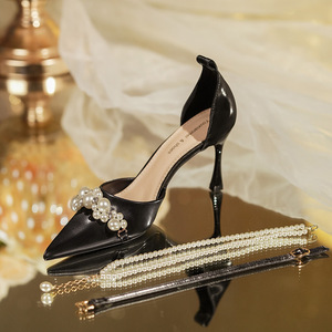 Escarpins à bout pointu avec bride de cheville perlée, talon aiguille, chaussures de mariée pour mariage, élégantes chaussures à talons hauts pour femmes, taille 35 à 40 - Product Image 4