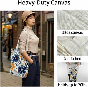 Sac fourre-tout en toile importé à motif floral pour femmes, avec fermeture éclair et poche intérieure, fond plat, pour le shopping, le travail, les courses, l'usage quotidien - Product Image 3