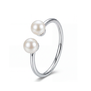 S925 Silver <b>Plain</b> Openwork <b>Ring</b> with Two Small Freshwater Pearls Stylish and Minimalist Women's Jewelry - Product Image 1