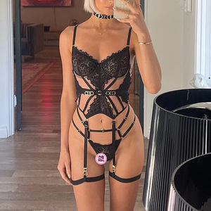Nouvel ensemble de lingerie sexy brodé avec ceinture et anneau de cou haute technologie, broderie ajourée, jarretière en dentelle et maille transparente - Product Image 5