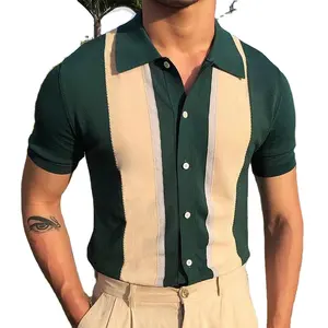 Lente En Zomer Gestreepte Vintage Turn-Down Kraag Business Casual T-shirt Korte Mouwen Mannen Gebreide Trui Vest