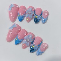 Set Kuku Almond Press On Buatan Tangan Gradasi Pink Biru Bunga 3D Berhias Rhinestone 10 Pcs Tema Lautan Kuku Almond Press On