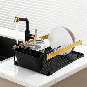 Escurridor de Platos para Encimera de Cocina, Marco de Bambú, <span class=keywords><strong>Metal</strong></span> Grueso, Escurridor de Platos Pequeño con Porta Cuchillos y Tenedores, Bandeja de Drenaje Extraíble, Negro - Product Image 1