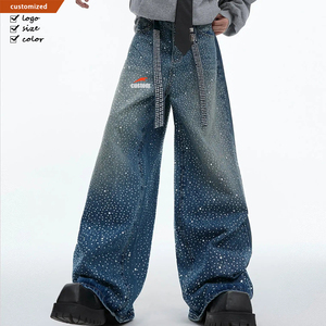 Jeans Baggy da Uomo all'Ingrosso, <span class=keywords><strong>Pantaloni</strong></span> in Denim Lavaggio Acido, Effetto Consumato con Glitter e Strass, Jeans Dritti Larghi - Product Image 1