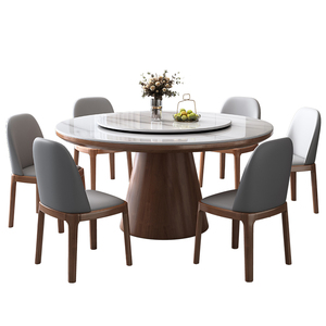 Modern Round Dining <b>Table</b> And Chair Set 8 Piece Walnut Frame <b>With</b> Turntable For Dining Room - Product Image 5