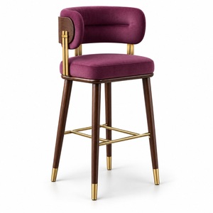 Tabouret de bar moderne en velours avec pieds en bois, accents en laiton et dossier, livraison aux États-Unis - Product Image 1