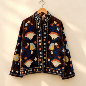 Thanksgiving Christmas Espresso Brown <b>Velvet</b> Reversible <b>Women</b> Suzani <b>Coat</b> Cream Flower Crewel Sustainable Jaipuri B2B Wholesale - Product Image 1