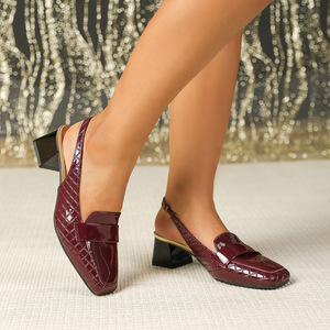 Elegantes Zapatos de Tacón Cuadrado para Mujer, Diseño Retro con Tira Trasera, Parte Superior Brillante con Relieve, Tacón Grueso, Sandalias de Vestir a la Moda - Product Image 2