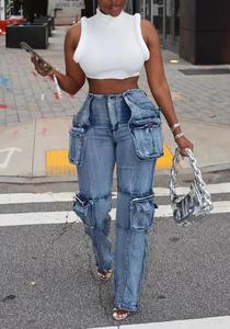 Pantalones vaqueros <span class=keywords><strong>Cargo</strong></span> de alta calidad para <span class=keywords><strong>mujer</strong></span>, pantalones vaqueros de <span class=keywords><strong>vaquero</strong></span> lavados azules de cintura alta Vintage con bolsillos, pantalones vaqueros de calle - Product Image 4